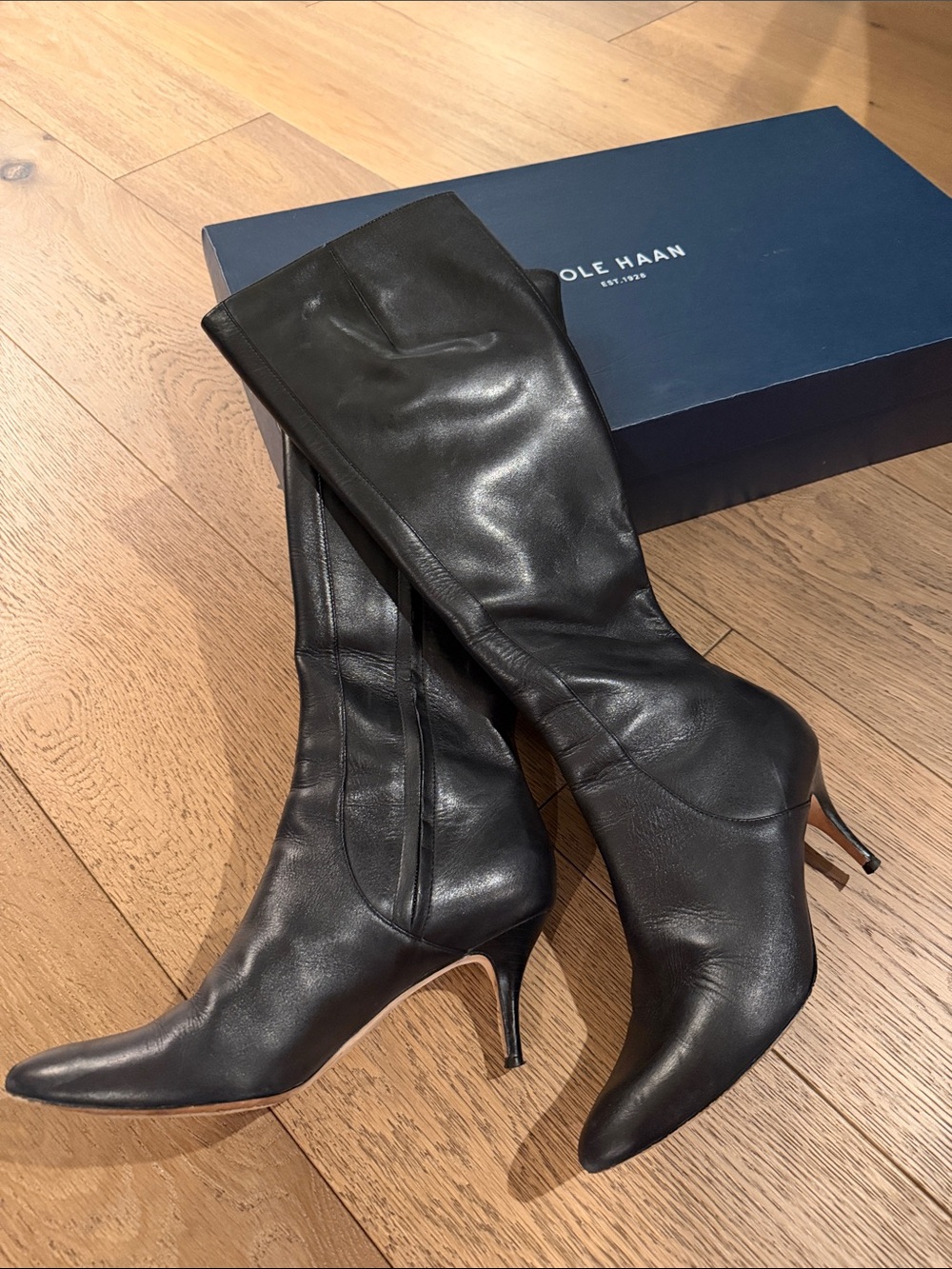 Cole Haan Black Leather Knee-High Pointed-Toe Stiletto Boots